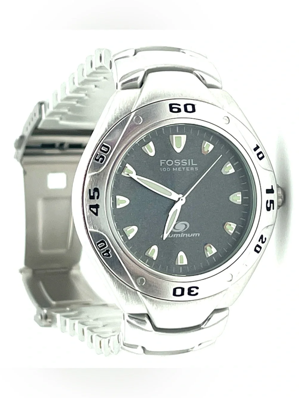 Vintage Fossil Blue Gray Dial Stainless Steel Silver Watch